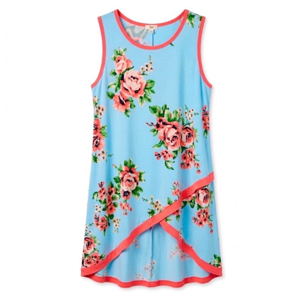 Sleeveless High-Low Floral Tunic Tank Top Blue Pink Rose Pattern